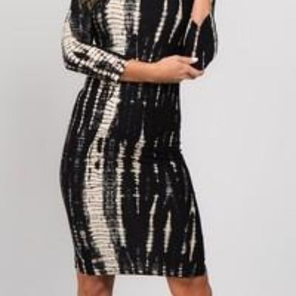 YELLETE Black & Cream bodycon tie-dye print midi dress Size Medium NWT - Picture 5 of 5